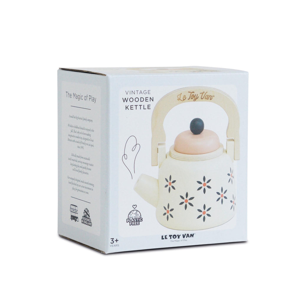 Box of a vintage wooden kettle with floral design, shown on front. Label reads "Le Toy Van." Packaging highlights product is plastic-free, suitable for ages 3+.