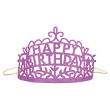 Violet glitter Happy Birthday tiara with intricate cutouts and elastic headband for party celebrations and birthdays.