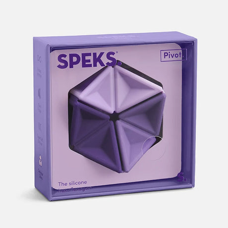 Speks Pivot silicone hexaflexagon fidget toy packaged in a purple display box.