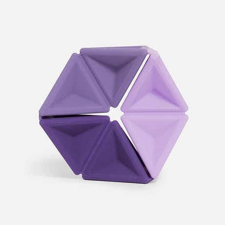 Hexagonal silicone fidget toy featuring triangular segments in three shades of purple.