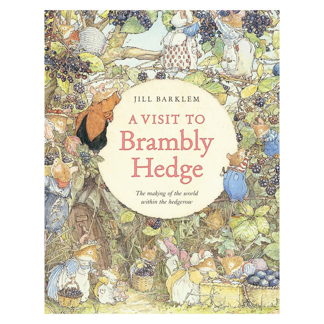 Cover of "A Visit to Brambly Hedge" by Jill Barklem. Illustrations of mice in a hedgerow, gathering blackberries, with a whimsical and cozy tone.