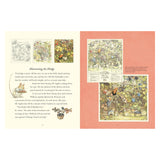 Two-page illustrated spread from a children's book. Left page features text about mice harvesting, with small, colorful nature sketches. Right page shows a detailed drawing of mice among foliage, gathering berries and nuts, conveying a busy, cozy atmosphere.