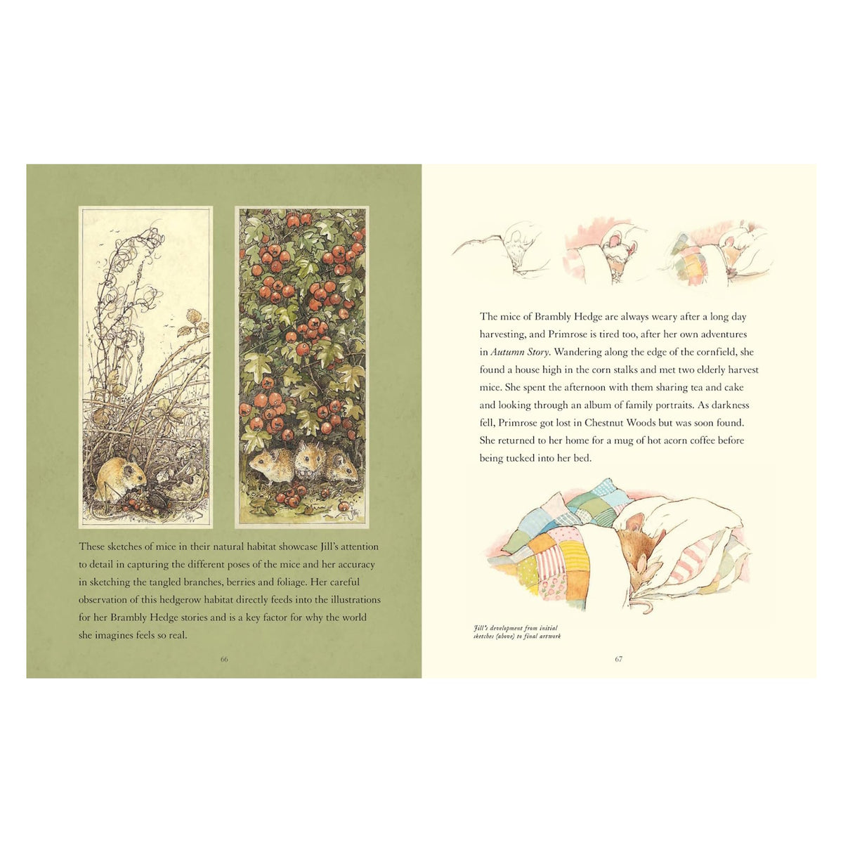 Illustrations of mice in nature, one in foliage and three amid berries, evoke tranquility. On the right, a cozy quilt scene accompanies a story about mice.