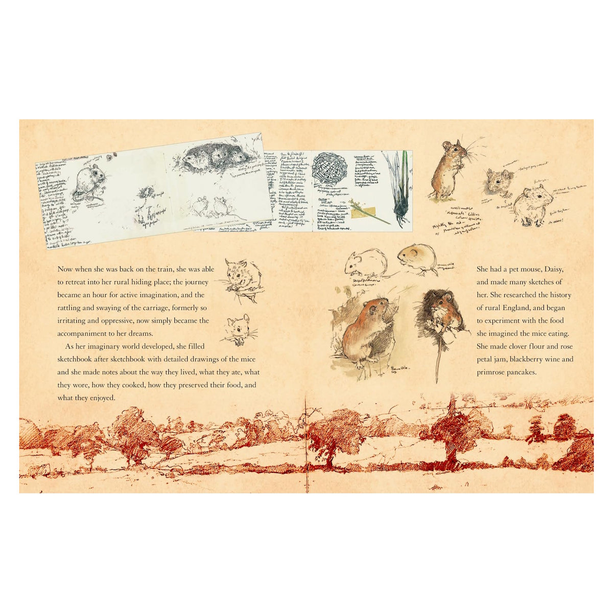 A vintage illustration shows pencil sketches of mice and English countryside scenes. Text describes a woman's journey, her pet mouse Daisy, and her culinary experiments.