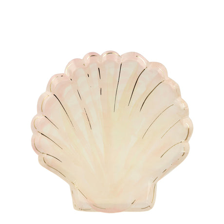 A pale pink, scallop-shell-shaped paper plate with gold foil accents on a white background.