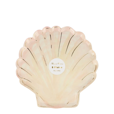 A pack of Meri Meri seashell-shaped paper plates in pale pink with gold foil details.