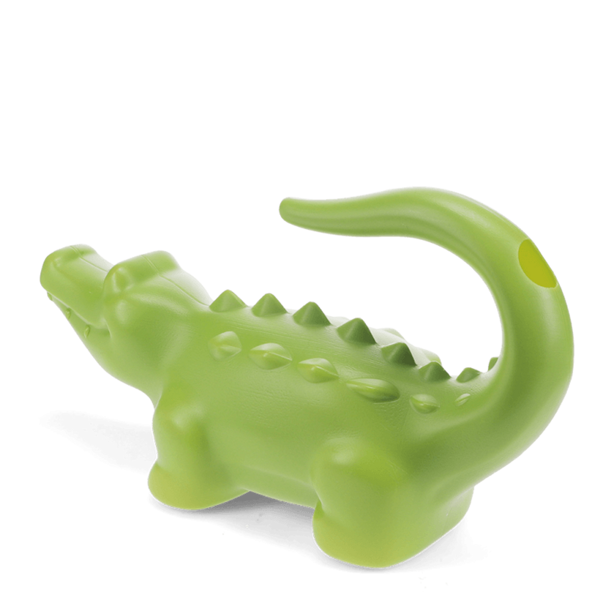 Green crocodile-shaped plastic watering can for gardening, side view with curved tail handle on a white background.