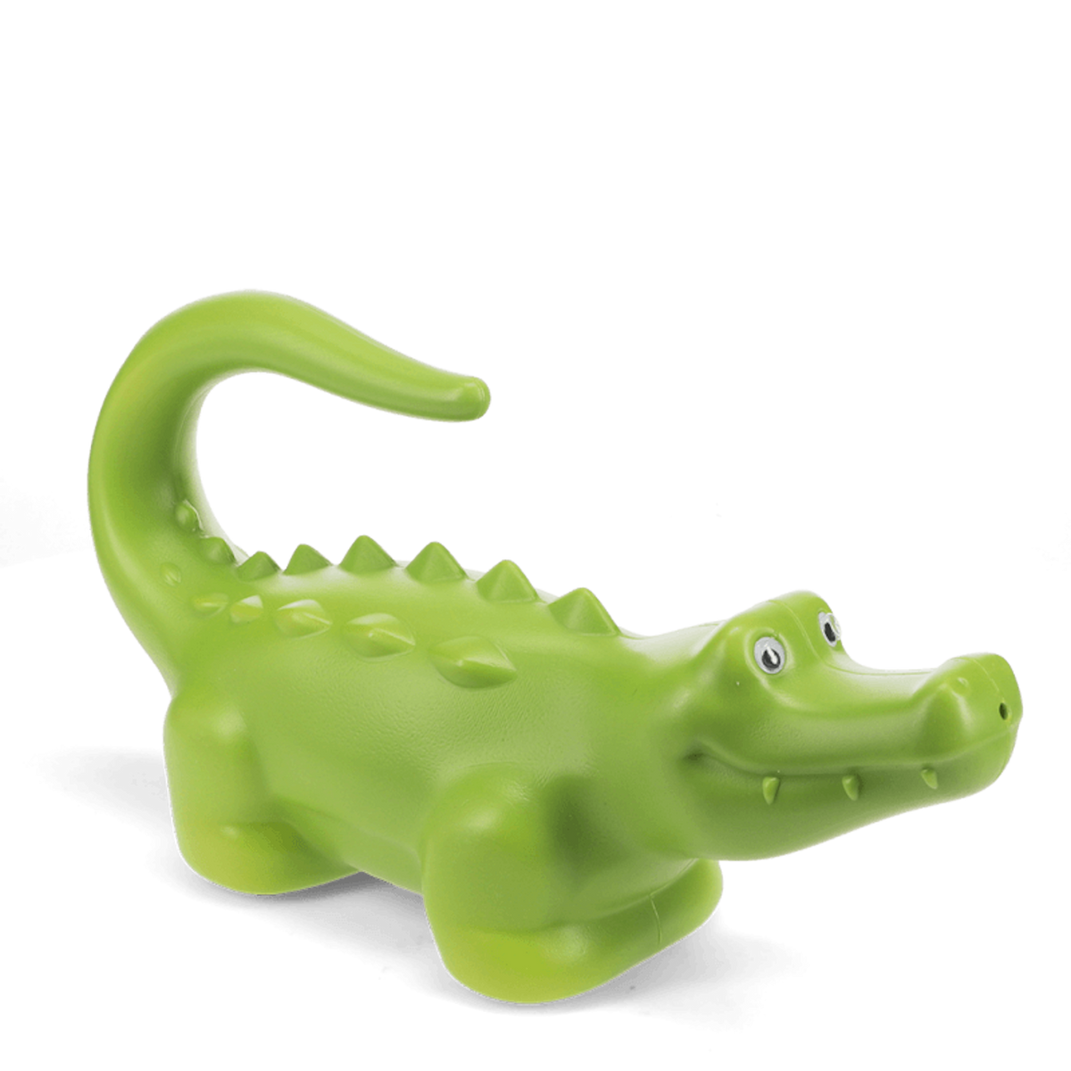Green crocodile-shaped plastic watering can for kids, side view on a white background. Lightweight garden tool for children.
