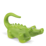 Green crocodile-shaped plastic watering can for kids, side view on a white background. Lightweight garden tool for children.