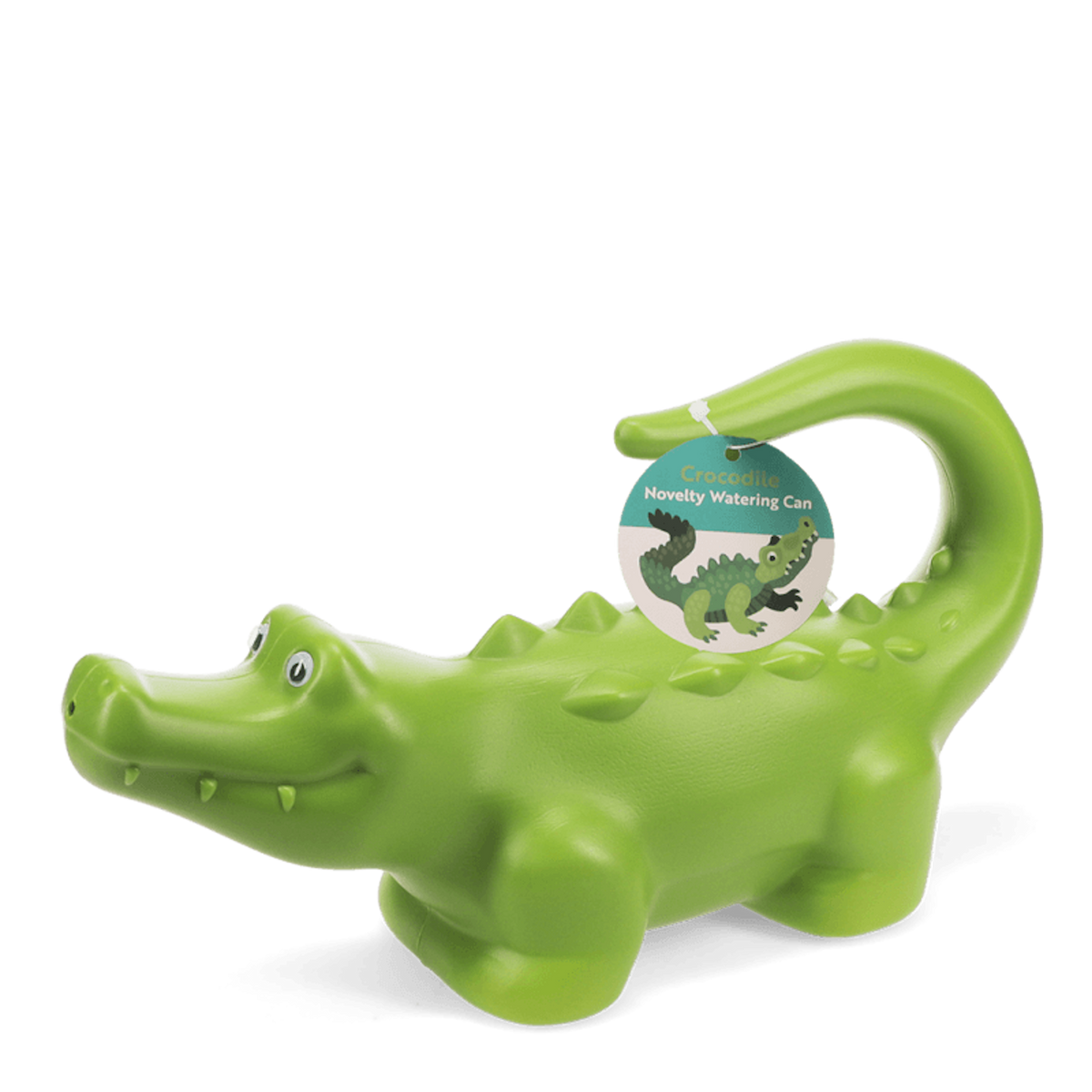 Green plastic crocodile novelty watering can for kids' gardening, featuring a curved handle tail and textured back.