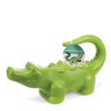Green plastic crocodile novelty watering can for kids' gardening, featuring a curved handle tail and textured back.