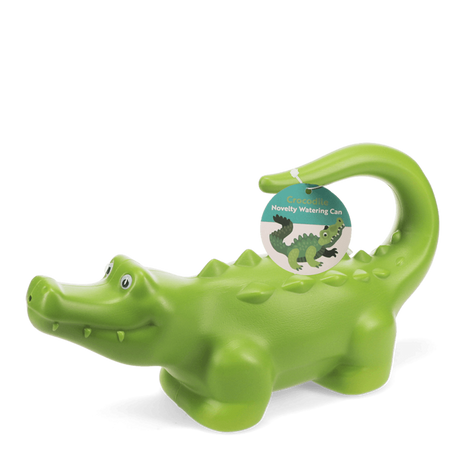 Green plastic crocodile novelty watering can for kids' gardening, featuring a curved handle tail and textured back.