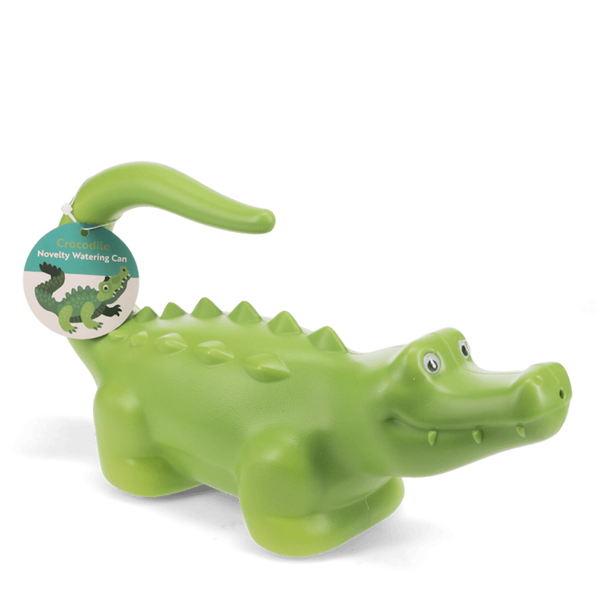 Green crocodile novelty watering can for gardening, featuring a curved tail handle and spiky back on a white background.