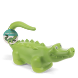 Green crocodile novelty watering can for gardening, featuring a curved tail handle and spiky back on a white background.