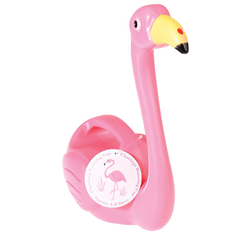 A pink plastic watering can shaped like a flamingo with a yellow beak and a round product tag.