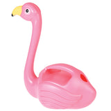 Pink plastic flamingo watering can with a yellow beak and built-in handle on a white background.