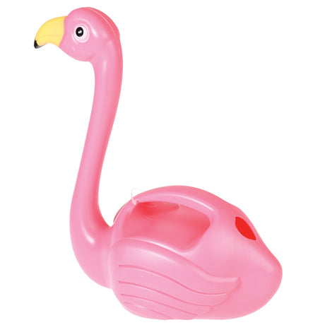 Pink plastic flamingo watering can with a yellow beak and built-in handle on a white background.