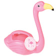 A pink plastic watering can shaped like a flamingo with a yellow beak and a built-in handle.