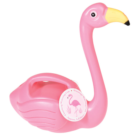 A pink plastic watering can shaped like a flamingo with a yellow beak and a built-in handle.