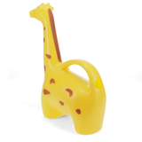 Yellow giraffe-shaped plastic watering can with brown spots, back view with handle and fill hole on a white background.