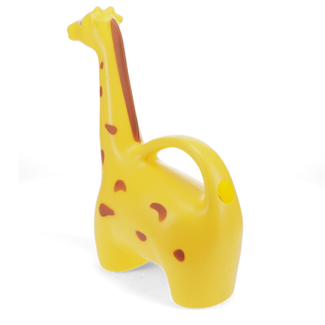 Yellow giraffe-shaped plastic watering can with brown spots, back view with handle and fill hole on a white background.