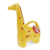 Yellow giraffe-shaped novelty watering can with brown spots and a side handle on a white background.