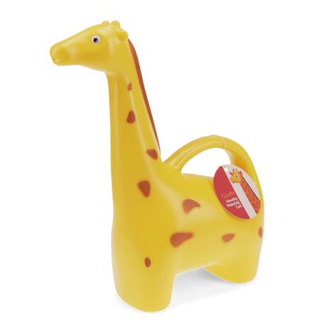 Yellow giraffe-shaped novelty watering can with brown spots and a side handle on a white background.