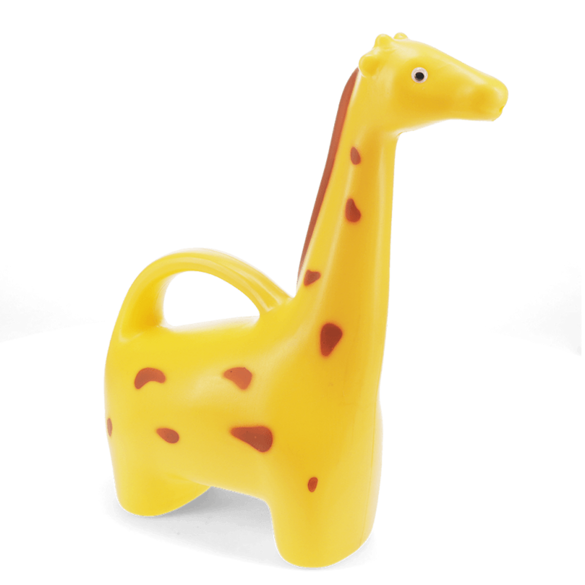 Side view of a yellow giraffe novelty watering can for house plants, with a long neck spout and brown spot details.