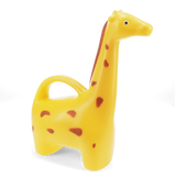 Side view of a yellow giraffe novelty watering can for house plants, with a long neck spout and brown spot details.