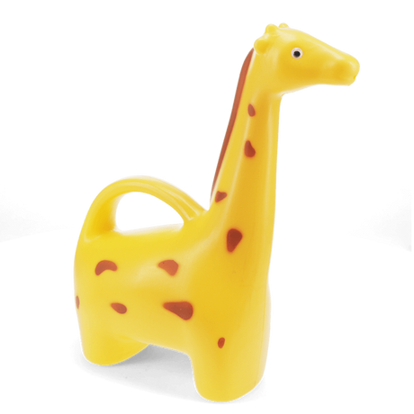 Side view of a yellow giraffe novelty watering can for house plants, with a long neck spout and brown spot details.