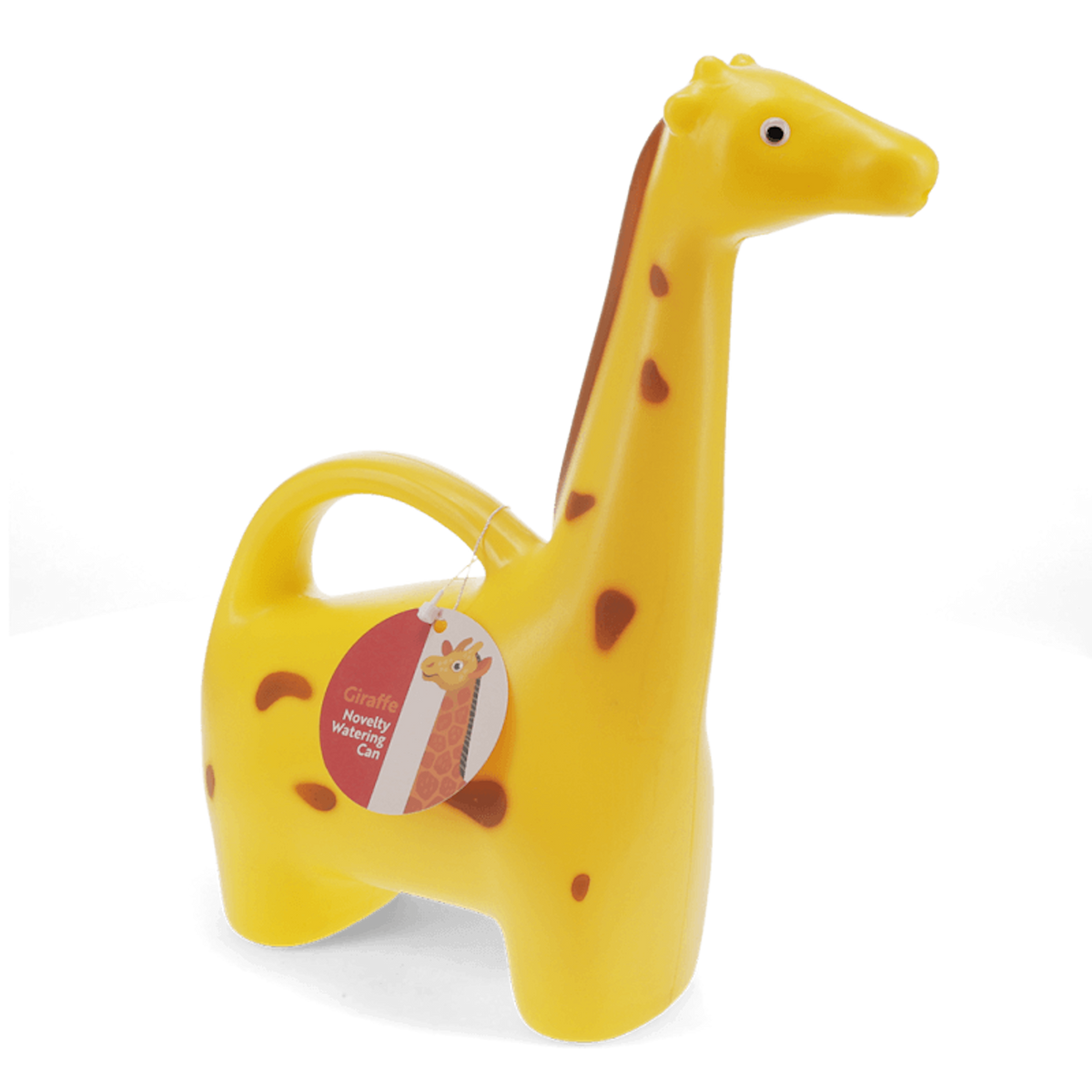 Yellow giraffe novelty watering can for indoor gardening and plants, featuring a long neck spout and brown spots.