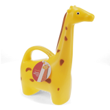 Yellow giraffe novelty watering can for indoor gardening and plants, featuring a long neck spout and brown spots.