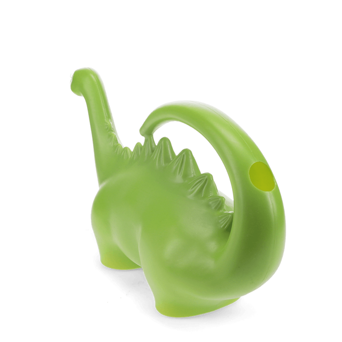 Green dinosaur-shaped watering can with spiked back and curved tail handle, viewed from behind on a white background.