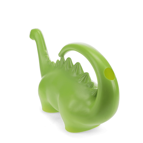 Green dinosaur-shaped watering can with spiked back and curved tail handle, viewed from behind on a white background.