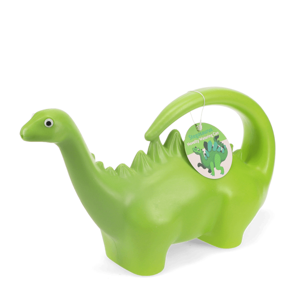 Green stegosaurus novelty watering can with a long neck handle and googly eye against a white background.
