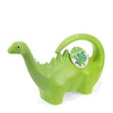 Green stegosaurus novelty watering can with a long neck handle and googly eye against a white background.
