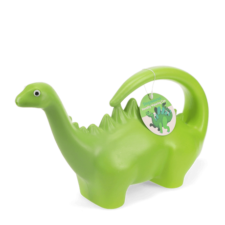 Green stegosaurus novelty watering can with a long neck handle and googly eye against a white background.
