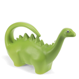 Side view of a bright green stegosaurus dinosaur novelty watering can with back spikes on a white background.