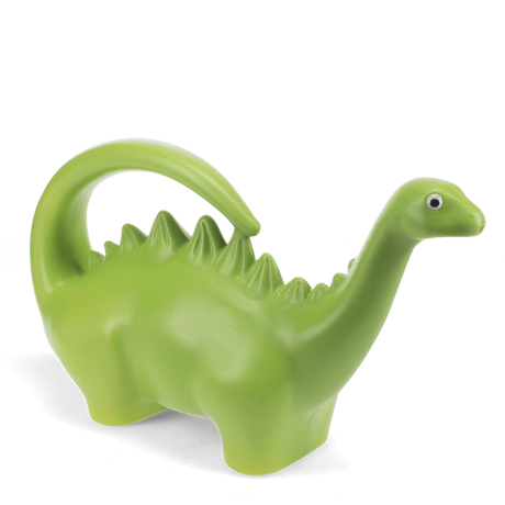 Side view of a bright green stegosaurus dinosaur novelty watering can with back spikes on a white background.