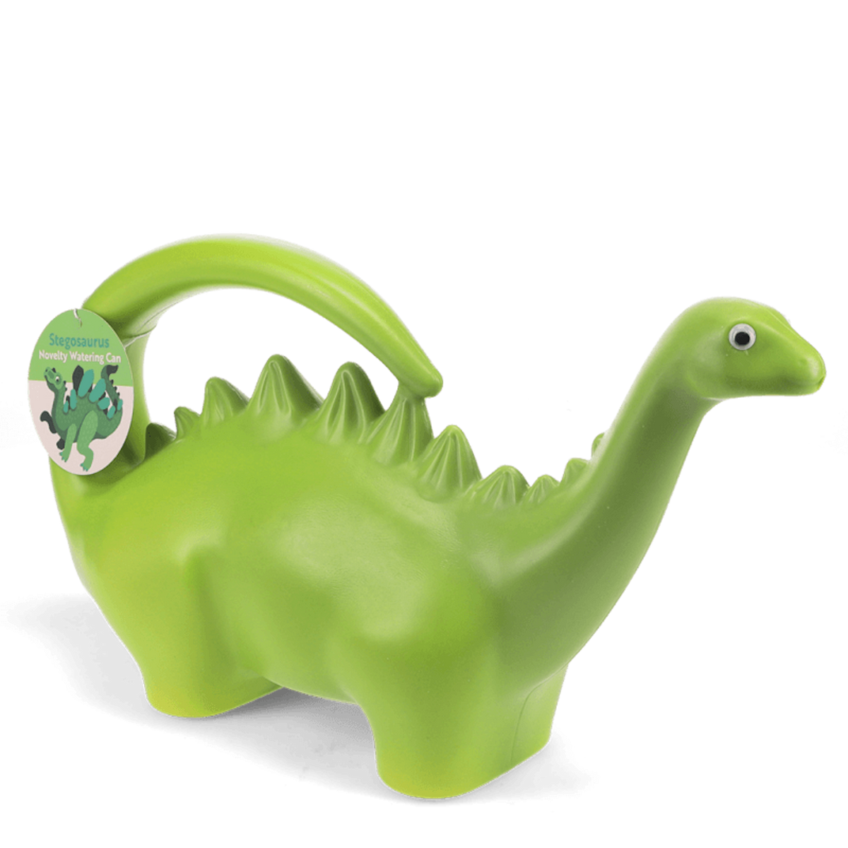 Green lime-colored stegosaurus dinosaur novelty watering can with a handle and long neck spout against a white background.
