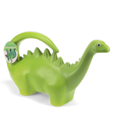 Green lime-colored stegosaurus dinosaur novelty watering can with a handle and long neck spout against a white background.