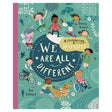 Book cover "We Are All Different" shows diverse children playing, a girl in a wheelchair, and a child with a guide dog.