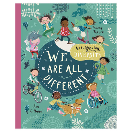Book cover "We Are All Different" shows diverse children playing, a girl in a wheelchair, and a child with a guide dog.
