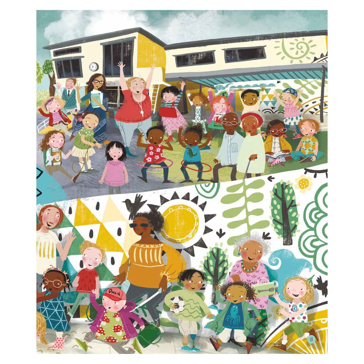 Diverse group of children and adults playing outside a colorful school building with vibrant murals and patterns.