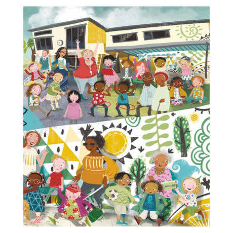 Diverse group of children and adults playing outside a colorful school building with vibrant murals and patterns.