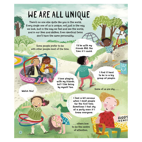 An illustration of diverse children playing at a park with speech bubbles about their unique personalities and feelings.