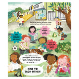 Children's book illustration of diverse kids playing, reading, and playing chess. Text: "Kind to each other!"