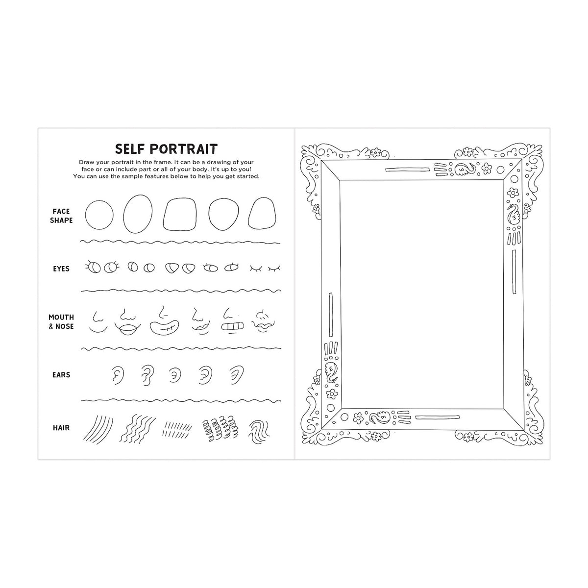 Self-portrait guide with an ornate, empty frame on the right. The left side features drawing tutorials for face shapes, eyes, mouths, noses, ears, and hair.