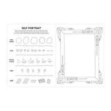 Self-portrait guide with an ornate, empty frame on the right. The left side features drawing tutorials for face shapes, eyes, mouths, noses, ears, and hair.