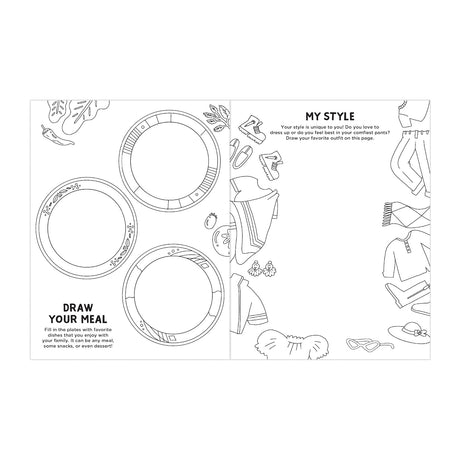 Coloring page divided into two sections. Left: three empty plates labeled "Draw Your Meal" with vegetable illustrations. Right: clothes and accessories outline with "My Style" prompt. Playful and imaginative theme.